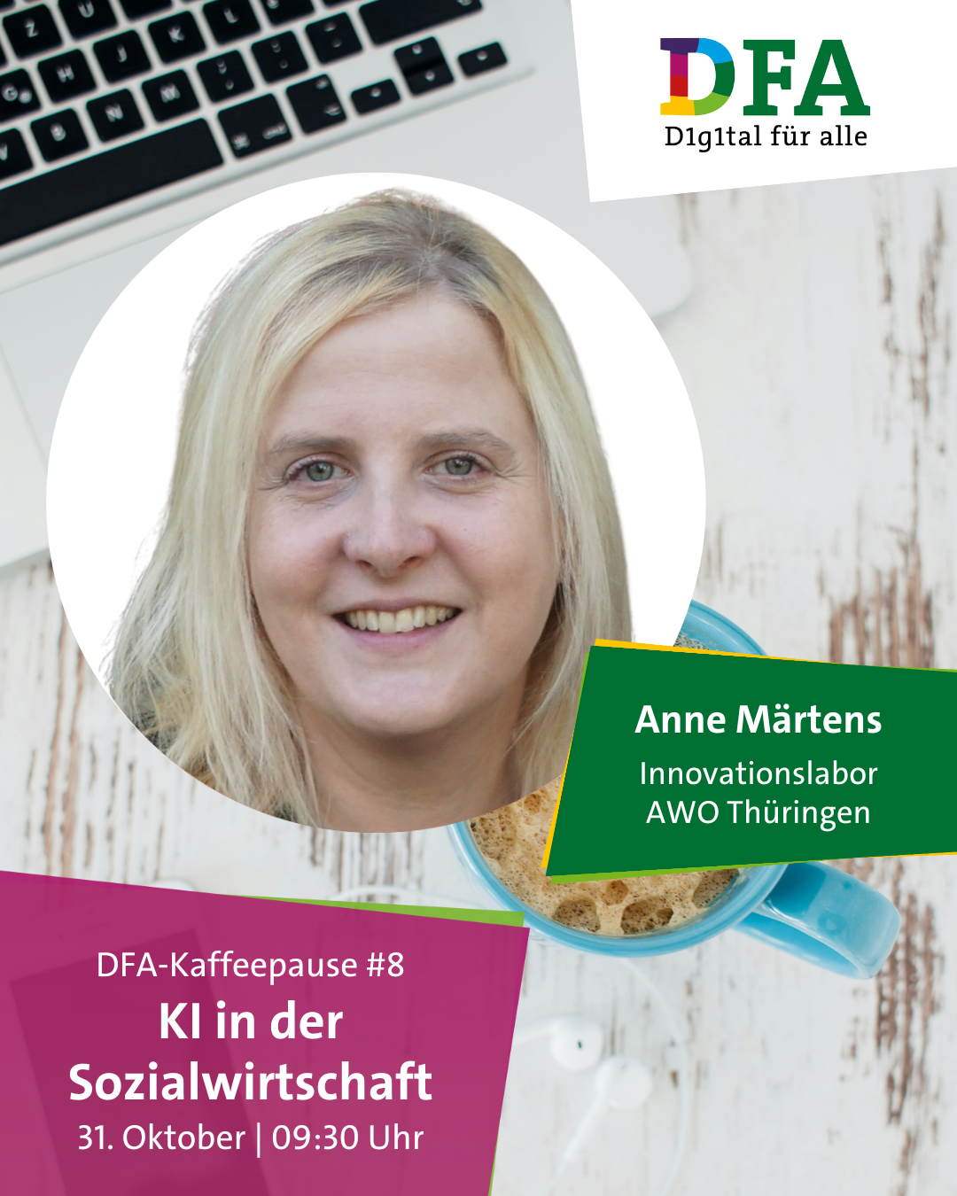 Die Grafik kündigt die Veranstaltung „DFA-Kaffeepause #8 – KI in der Sozialwirtschaft“ an, die am 30. Oktober um 09:30 Uhr stattfindet.