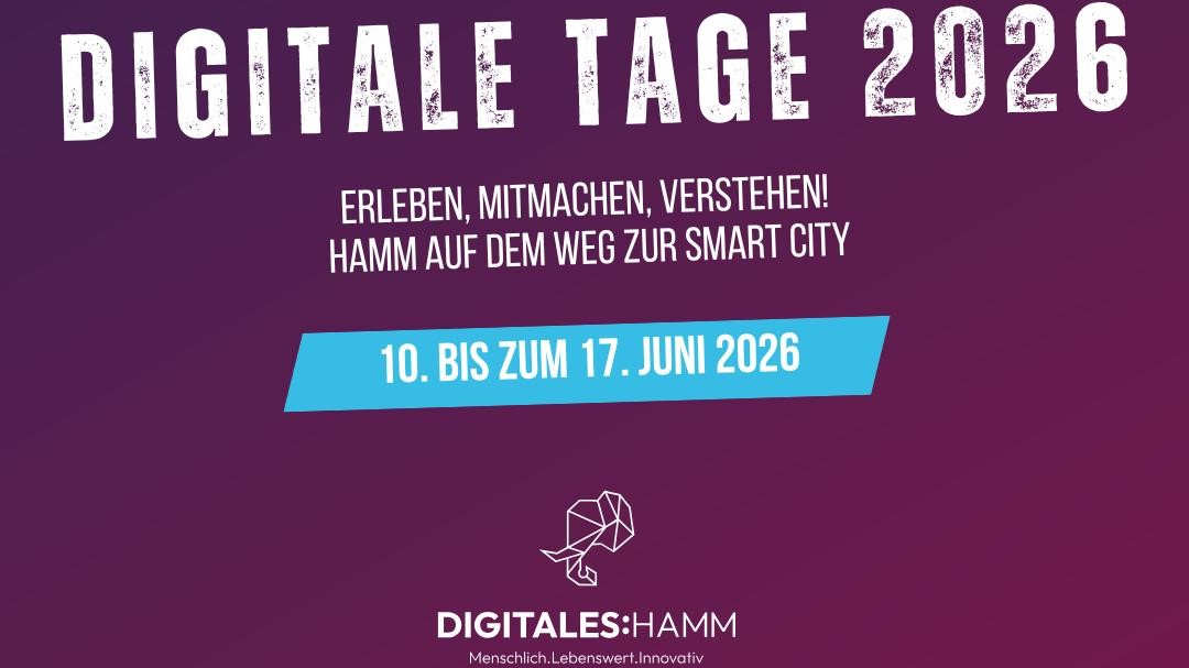 Auf einem weinroten Hintergrund steht in großen, weißen Buchstaben: „Digitale Tage 2026“. Darunter befindet sich der Slogan: „Erleben, Mitmachen, Verstehen! Hamm auf dem Weg zur Smart City“. Ein blauer Balken zeigt das Veranstaltungsdatum: „10. bis zum 17. Juni 2026“. Links unten ist ein blau-schwarzer Truck mit der Aufschrift „Innovation für die digitale Zukunft“ abgebildet, daneben steht: „Im Lab-on-Tour Truck auf dem Marktplatz Hamm“. Oben rechts ist das farbenfrohe Logo des Digitaltags 2026 zu sehen. Im Hintergrund verlaufen blaue, linienverbundene Punkte als grafische Netzstruktur.